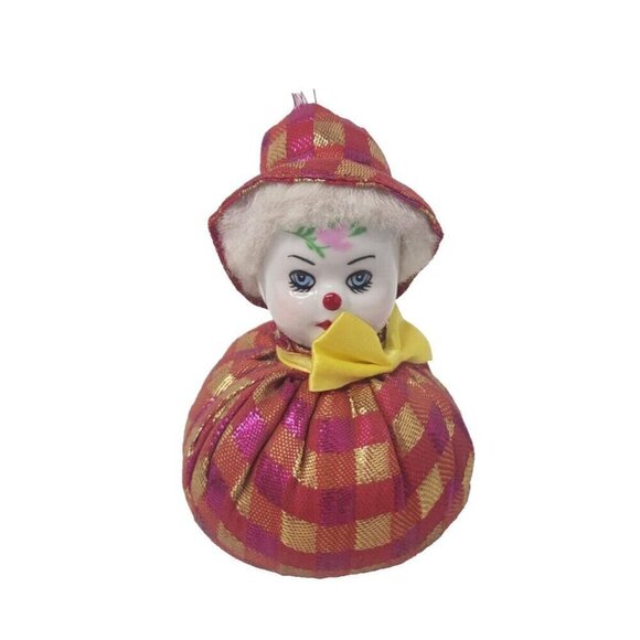Vintage Jester Clown Pin Cushion Sand Bag Soft Body Porcelain Face Stuffed Doll - Picture 1 of 8